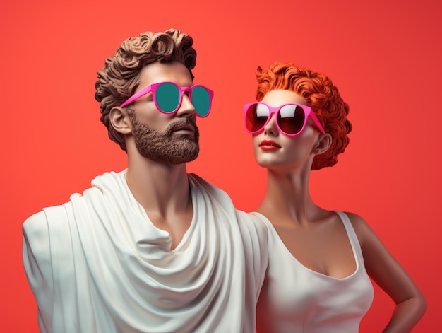 Two ancient Geek bust statue of man and woman wear sunglasses fashion