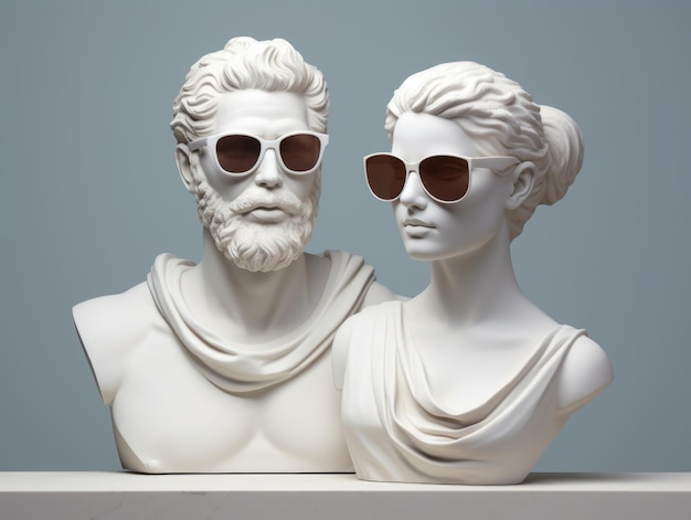 Two ancient Geek bust statue of man and woman wear sunglasses