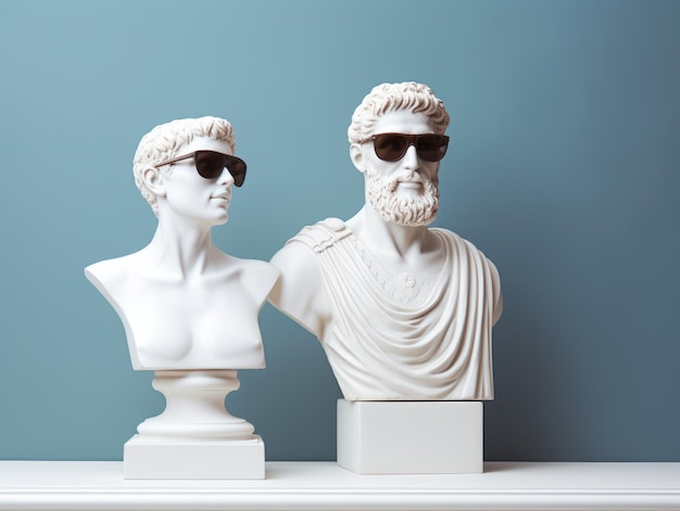 Two ancient Geek bust statue of man and woman wear sunglasses