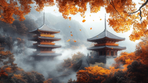 Two Ancient Japanese Temples Amidst Autumnal Foliage and Mist