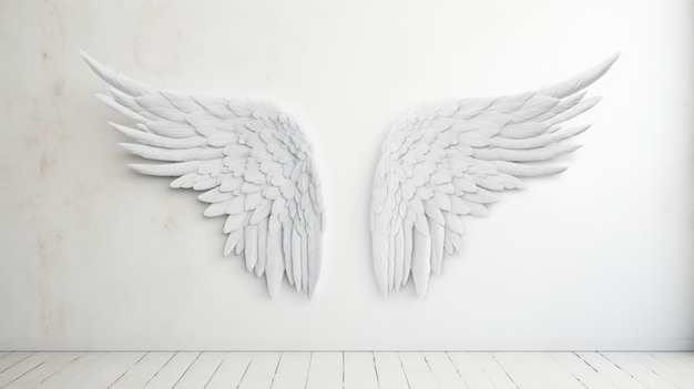 two angel wings are displayed on a white wall