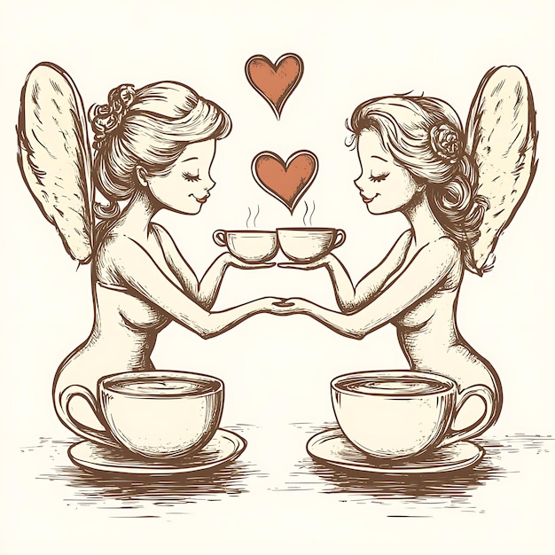 Photo two angels enjoying tea together with hearts