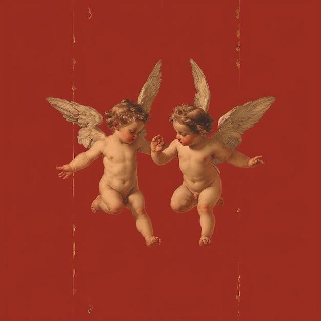 Photo two angels hanging from strings on a red background