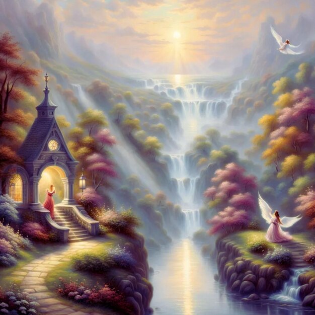 Two angels stand beside a cascading waterfall in this beautiful painting