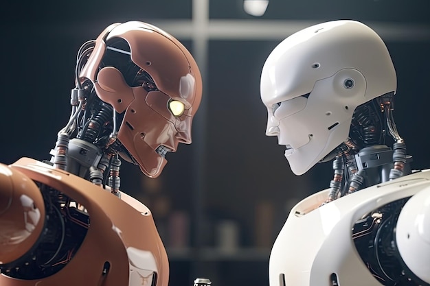 Two angry robots look at each other battle between two mechanical characters Generative AI