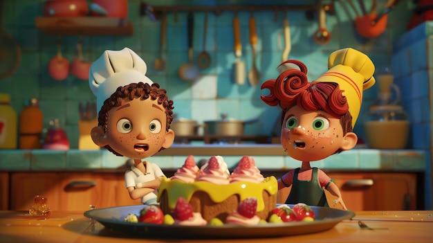 Two animated boys in chef hats look at a cake with frosting and strawberries in a kitchen setting