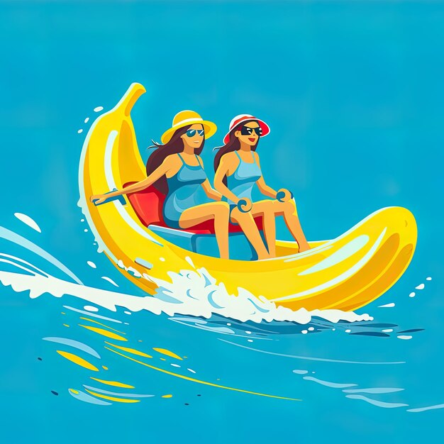 Two animated characters enjoying a thrilling ride on a banana boat across the blue ocean waves