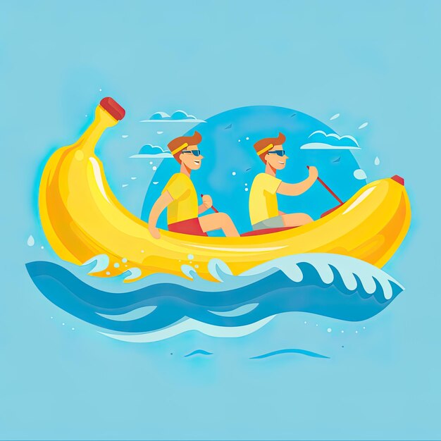 Two animated characters enjoying a thrilling ride on a banana boat across the blue ocean waves