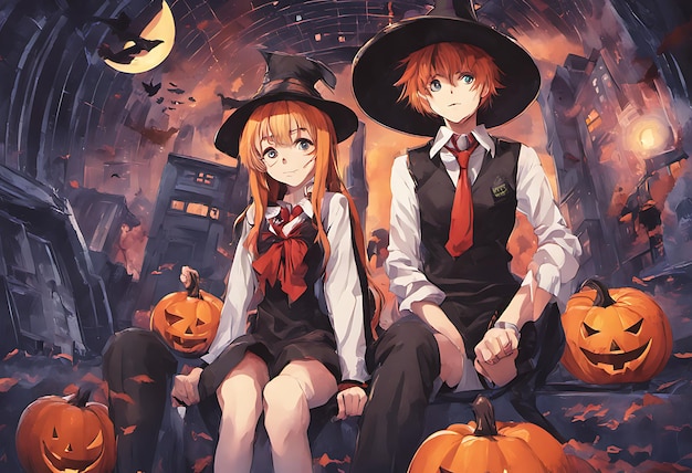 two anime people sitting in front of a plane with pumpkins