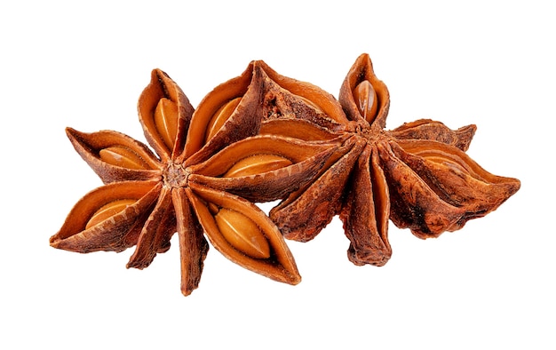 Two anise stars isolated on white background with clipping path. Close up