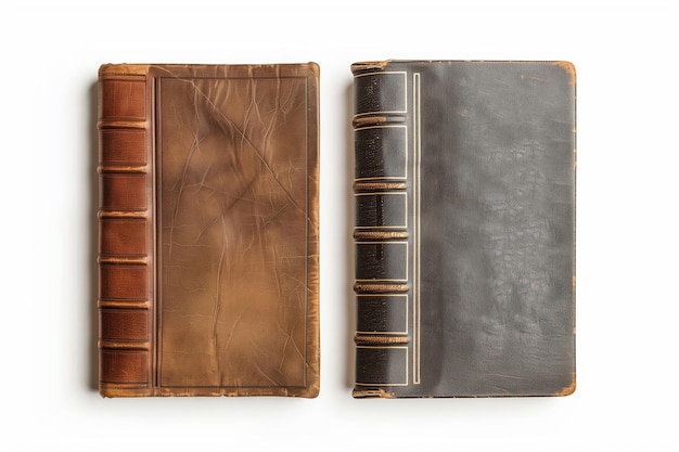 Two antique leather books side by side on a clean white background