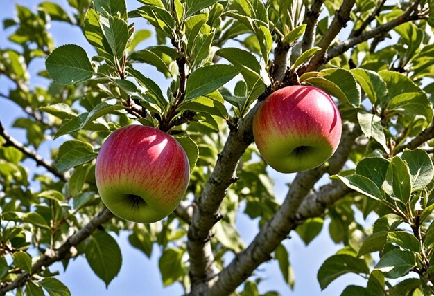 Photo two apples are hanging from a tree with a sky background