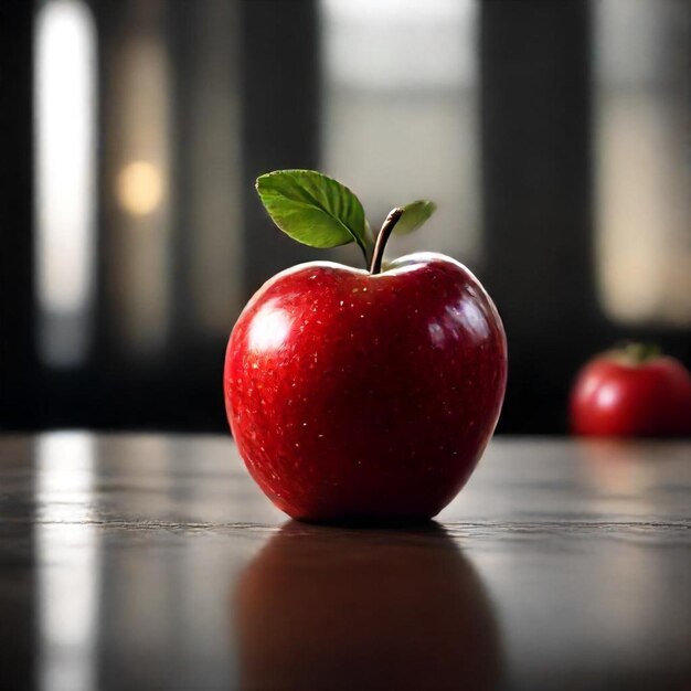 two apples on a table with one that has a leaf on it