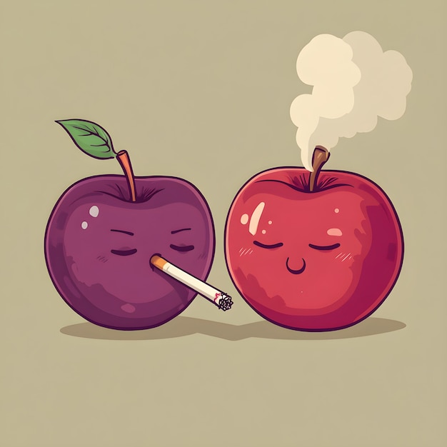 Photo two apples with a cigarette and a cigarette in their mouth