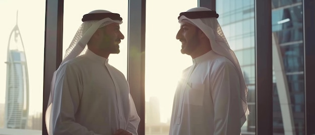 Two Arab men conversing with a cityscape backdrop during a warm sunset