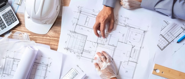 Two architects reviewing and discussing blueprints on a desk filled with tools showcasing collaboration and precision in architectural planning