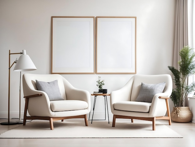 Two armchairs in room with white wall and big frame poster on it generate ai