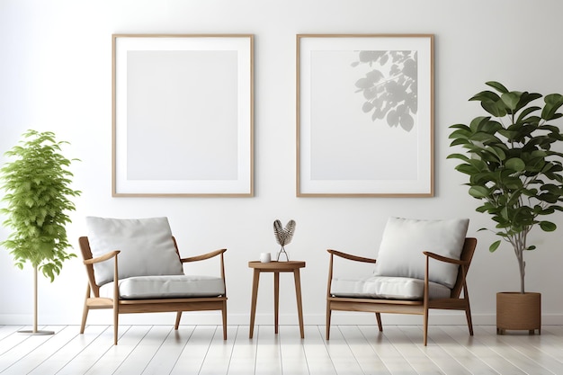 Two armchairs in room with white wall and big frame poster on it Scandinavian style interior design