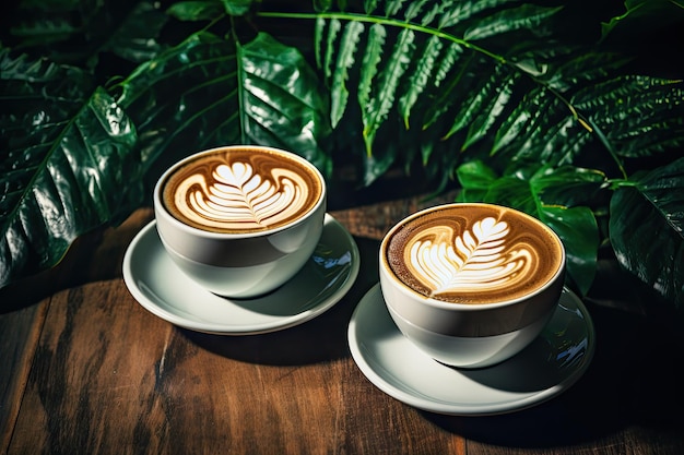 Two artistic cappuccinos on wood with foam ceramic cups text space