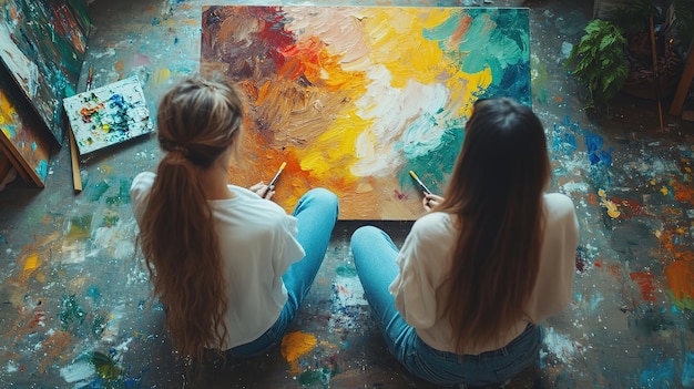 Photo two artists paint a colorful abstract canvas