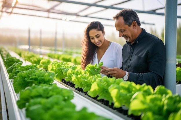 Two asian farmers inspecting the quality of organic vegetables grown using hydroponics