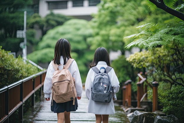 Two Asian schoolgirls with backpacks going to school back view