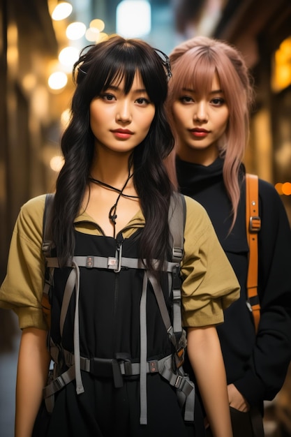 Two asian women with long hair and bangs standing next to each other Generative AI