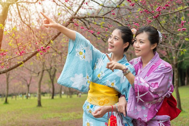 Two Asian young ladies standing under the cherry blossom tree and point the the same direction together.