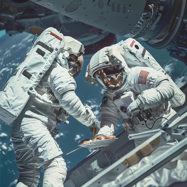 two astronauts are looking at the camera while one of them is wearing a space suit