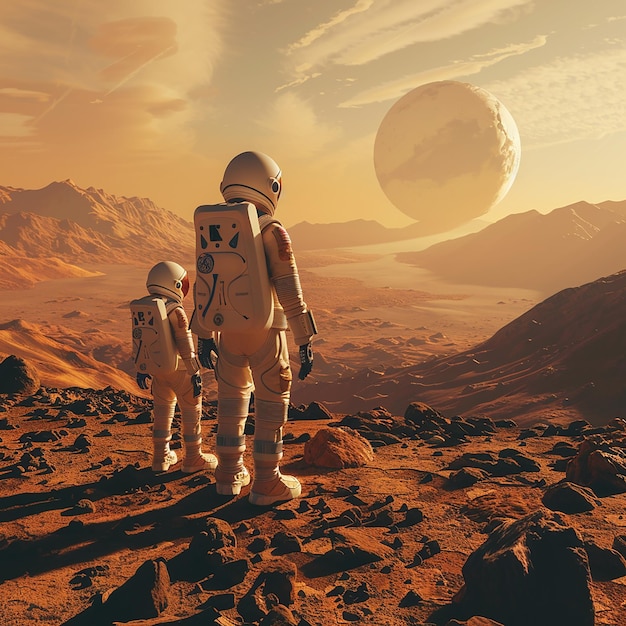 two astronauts are standing on a mountain with a large planet in the background