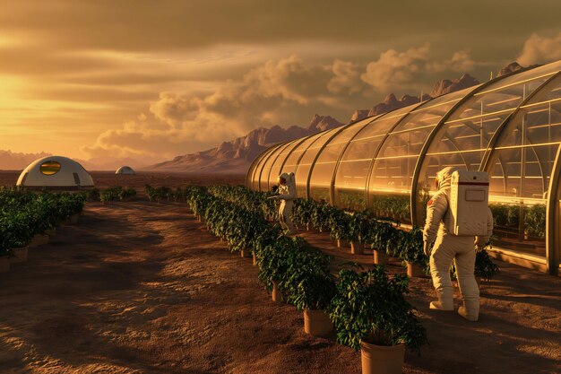 Two astronauts are tending crops inside a large greenhouse on a Martian colony at sunset