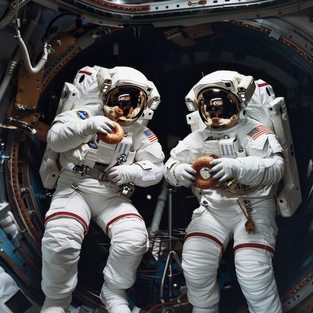 two astronauts are wearing suits and one has the word space on the side of it