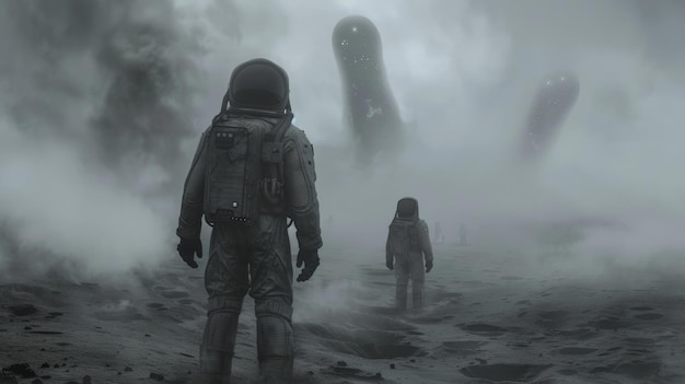 Two astronauts in a foggy alien landscape encounter mysterious towering structures in a science fiction scene