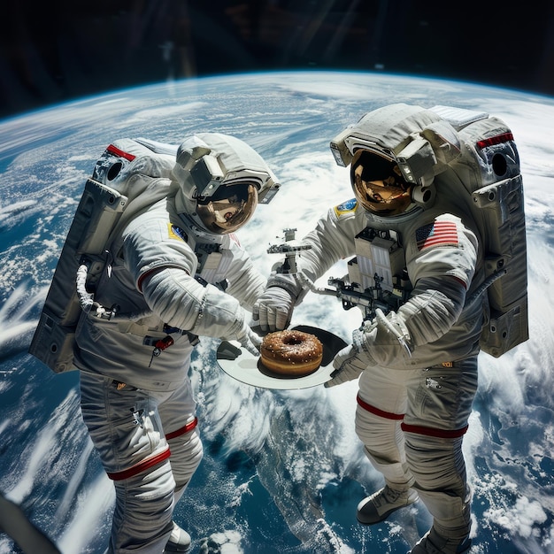 two astronauts one of them wearing space suits are shown with the planet in the background