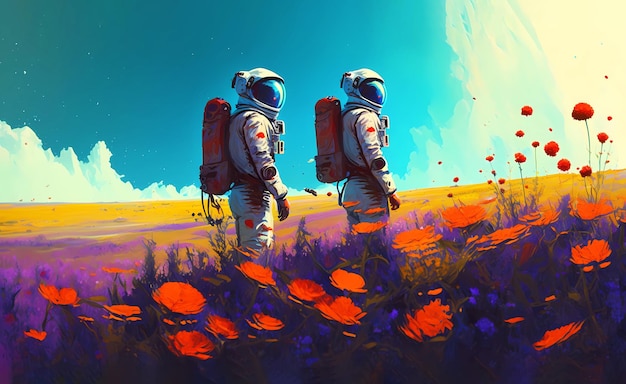 Two astronauts on the planet in a field with flowers and butterflies Fantastic poster Illustration generated in AI