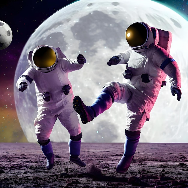 Two Astronauts playing football on the moon space