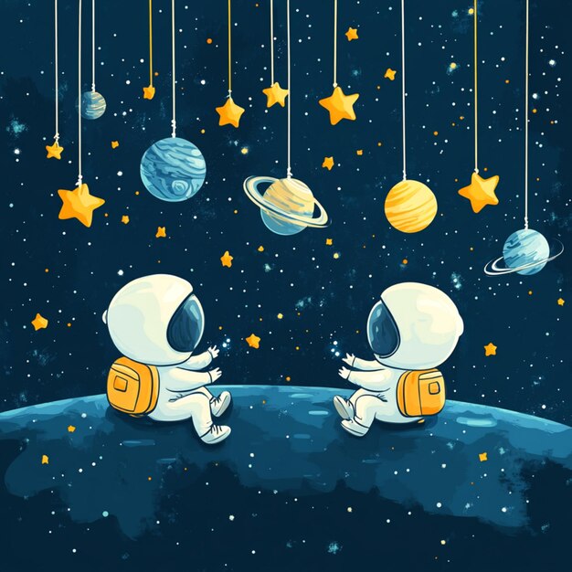 Photo two astronauts playing with stars and planets hanging from strings simple vector illustration for ki