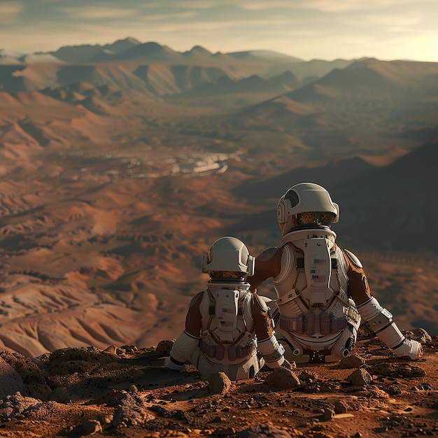 Photo two astronauts sit on a mountain with the words space shuttle on their back