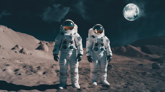 Two astronauts stand on a moonlit surface.