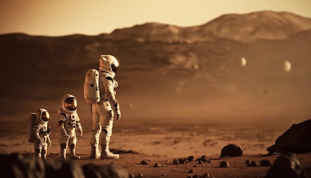 Two astronauts stand on a planet with a mountain in the background.