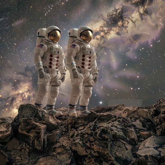 two astronauts standing on a rock with the stars in the background