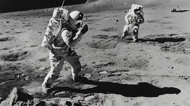 Photo two astronauts walk on the moons surface leaving footprints in the lunar dust