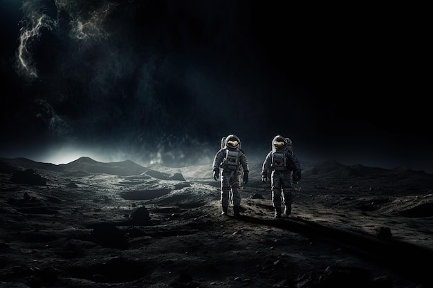 Two astronauts walking on the surface of the moon