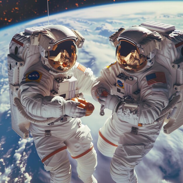 two astronauts wearing space suits one of which says  space mission