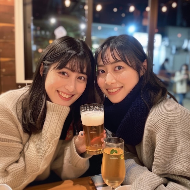 two Attractive Asian woman drinking cold beverage in cafe day