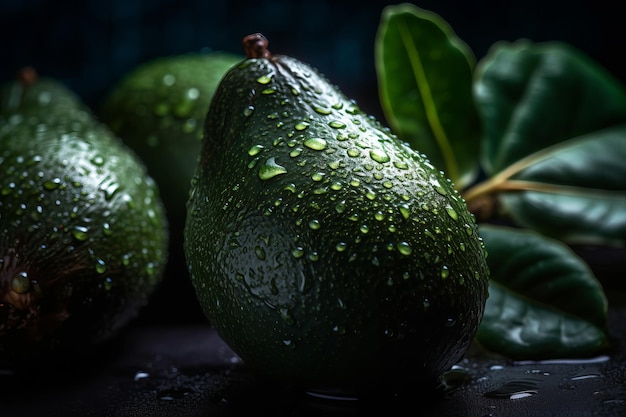 Two avocados with water droplets on a black background