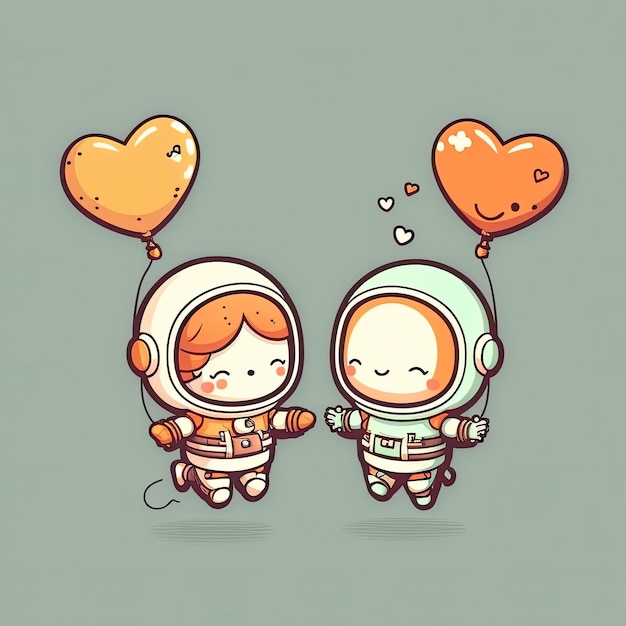 Two babies astronauts floating through space together holding on to a heartshaped balloon on color background Generative AI