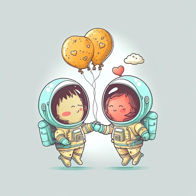 Two babies astronauts floating through space together holding on to a heartshaped balloon on color background Generative AI