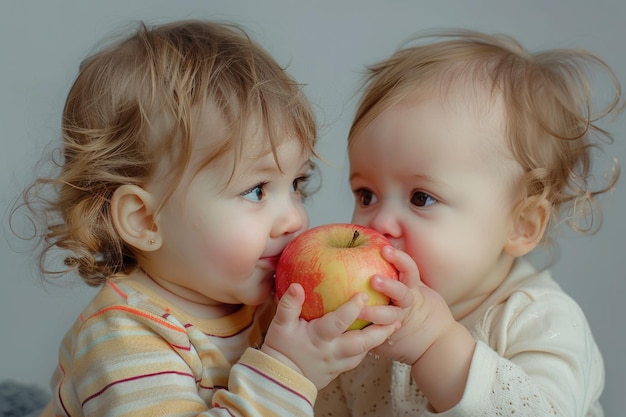 Two babies holding an apple in their hands