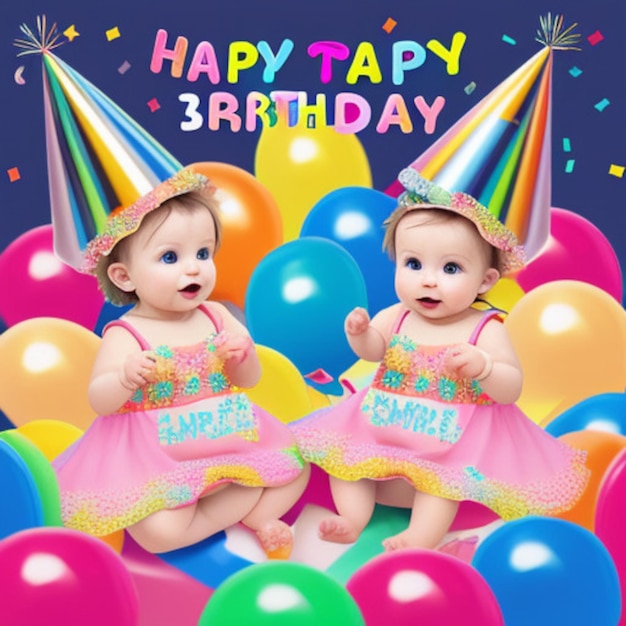 two babies wearing party hats and holding hands and wearing party hats